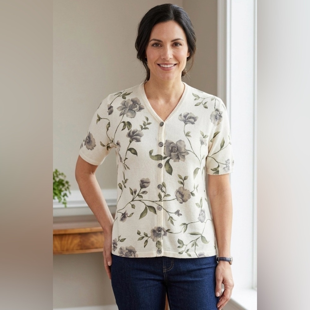 Alfred Dunner Cream Knit Cardigan with Floral Pattern
